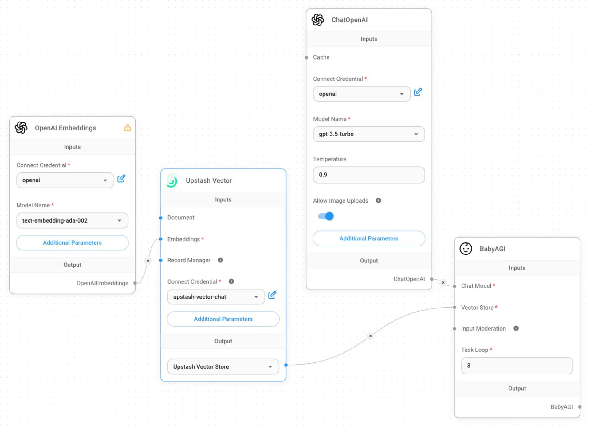 You can use a document loader to upload documents and connect it to the Upstash Vector node for indexing.